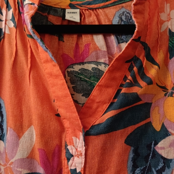 Old Navy~Relaxed Tie Cuff Linen Blend Tropical Orange Blouse - Picture 5 of 15